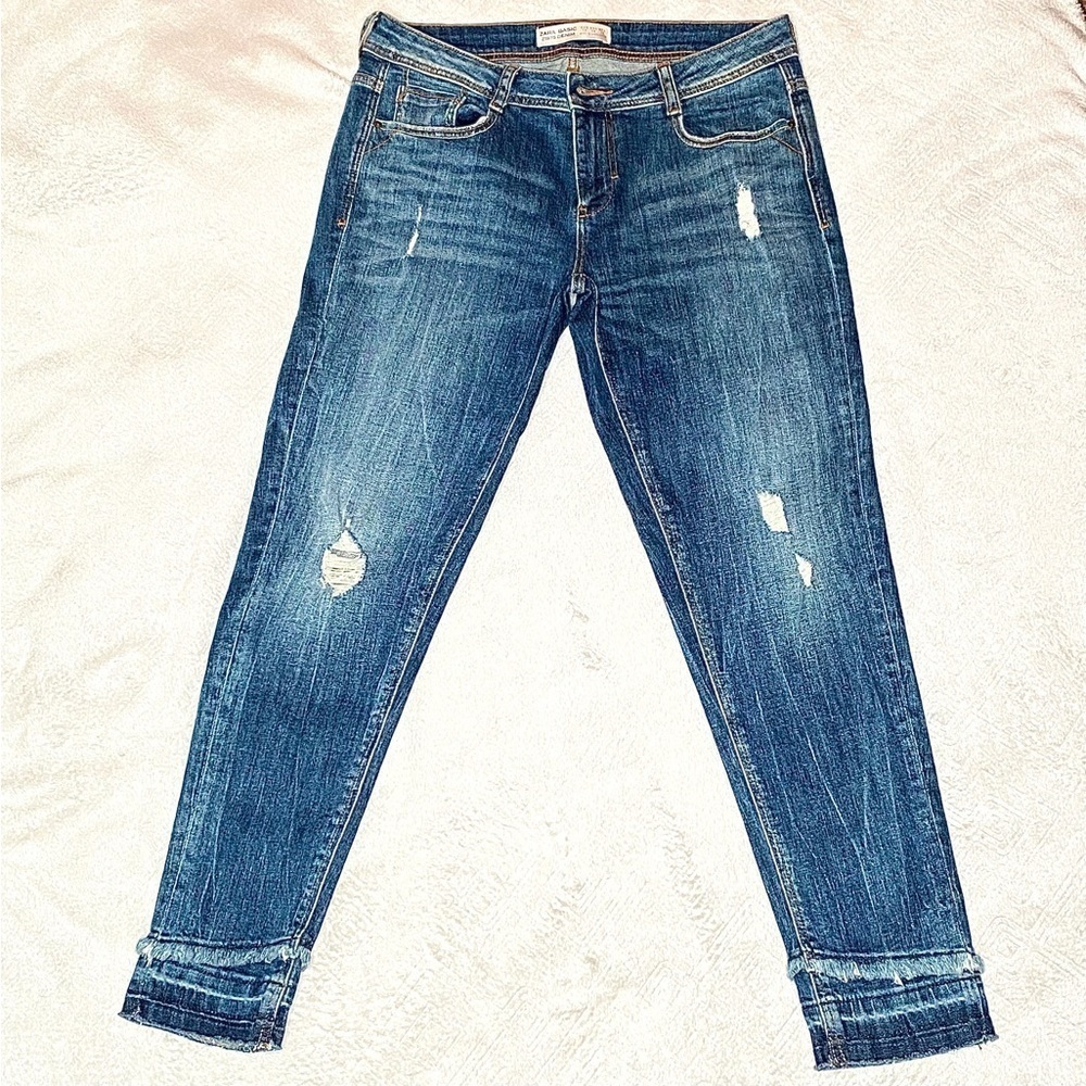 Zara Basic Z1975 Denim Skinny Lightly Distressed Raw Hem Fit Jeans EU38 US6